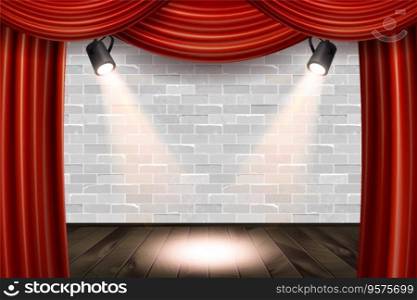 Wooden stage with red curtains vector image