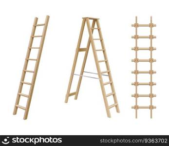 Wooden stairs, stepladder and rope ladder realistic set isolated on white background. Domestic ladder construction for household or repair. 3d vector illustration. Wooden stairs, stepladder and rope ladder realistic set isolated on white background