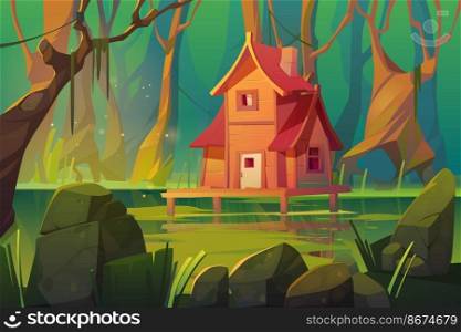 Wooden stilt house above swamp in forest. Abandoned shack stand on piles in deep wood, witch hut, computer game background, fantasy mystic nature landscape with marsh pond, Cartoon vector illustration. Wooden mystic stilt house above swamp in forest