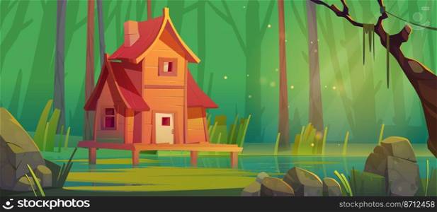 Wooden stilt house at forest sw&. Old shack stand on piles in wood quag, Abandoned witch hut, game background, fantasy mystic nature landscape with cottage on deep marsh, Cartoon vector illustration. Wooden stilt house at forest sw&, old shack