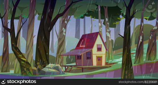 Wooden stilt house at summer forest in rainy weather. Old shack with terrace on piles in deep wood with falling rain shower and green trees around. Uninhabited forester hut Cartoon vector illustration. Wooden stilt house summer forest in rainy weather.