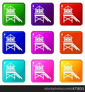 Wooden stilt house icons of 9 color set isolated vector illustration. Wooden stilt house icons 9 set