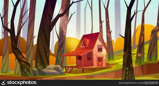 Wooden stilt house in autumn forest. Old shack with terrace on piles in sunny wood with fall bare trees without foliage around. Uninhabited forester hut, pc game background Cartoon vector illustration. Wooden stilt house in autumn forest. Old shack