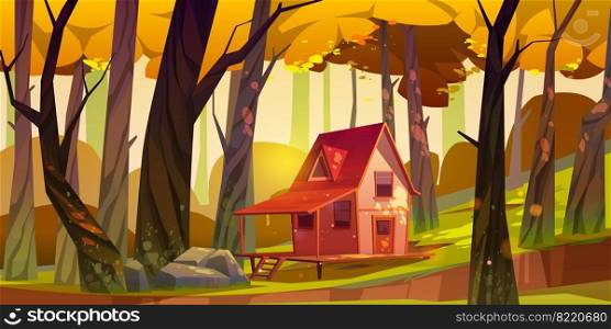 Wooden stilt house in autumn forest. Old shack with terrace on piles in deep wood with falling sun beams among fall trees. Uninhabited forester hut, pc game background, Cartoon vector illustration. Wooden stilt house in autumn forest, old shack