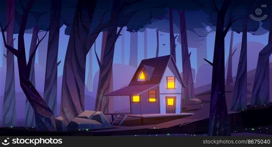 Wooden stilt house in night forest. Old shack with glow windows and terrace stand on piles in deep wood with fireflies around. Witch hut on fantasy game, mystic background, Cartoon vector illustration. Wooden mystic stilt house, shack in night forest