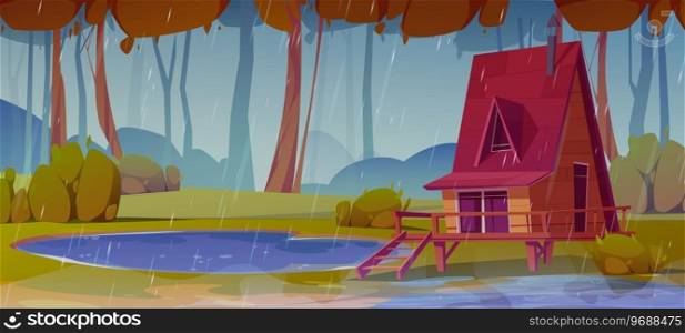 Wooden stilt house in rainy autumn forest. Vector cartoon illustration of small hut on platform with porch, chimney on roof, windows, lake and water puddles, yellow foliage on trees, stormy weather. Wooden stilt house in rainy autumn forest