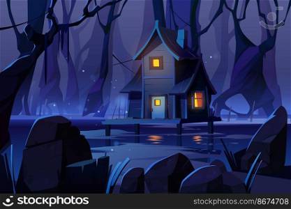 Wooden stilt house on swamp in night forest. Old shack with glow windows stand on piles in deep wood. Witch hut, computer game background, fantasy mystic nature landscape, Cartoon vector illustration. Wooden mystic stilt house on swamp in night forest