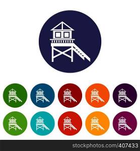 Wooden stilt house set icons in different colors isolated on white background. Wooden stilt house set icons