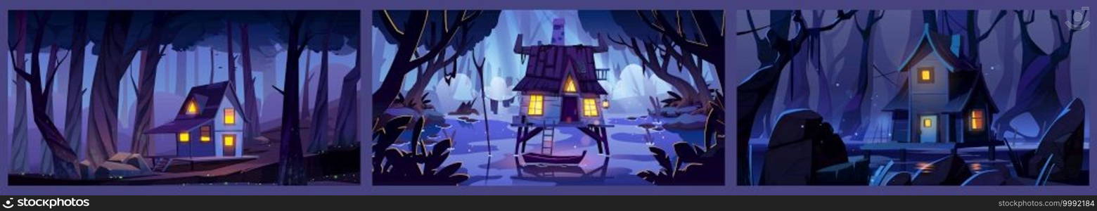 Wooden stilt houses on sw&in night forest. Backgrounds with old shacks with glow windows stand on piles in deep wood. Witch hut, computer game mystic nature landscape, Cartoon vector illustration. Wooden stilt houses on sw&in night forest.