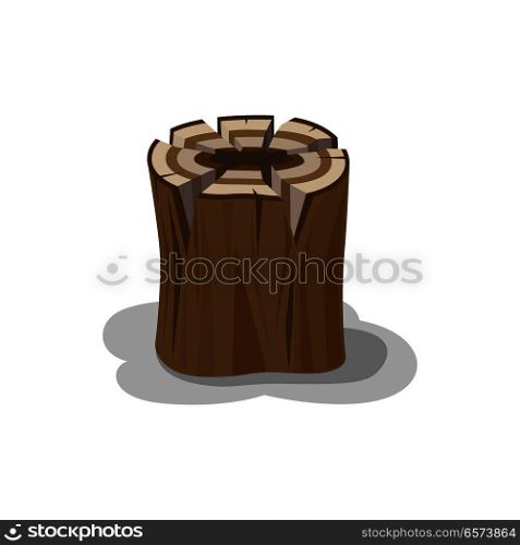 Wooden stump billet for bonfire isolated on white. Neatly stacked firewood with shadow elements to make fire. Natural materials that useful in hike, stub with traces of an ax ideal for making fire. Stacked Wood Isolated Vector. Firewood Elements