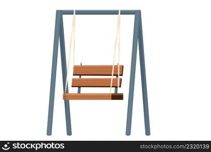 Wooden swing backyard furniture, hanging bench in cartoon style isolated on white background. Rural comfortable seat. Garden, park decoration. Vector illustration