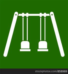 Wooden swings hanging on ropes icon white isolated on green background. Vector illustration. Wooden swings hanging on ropes icon green