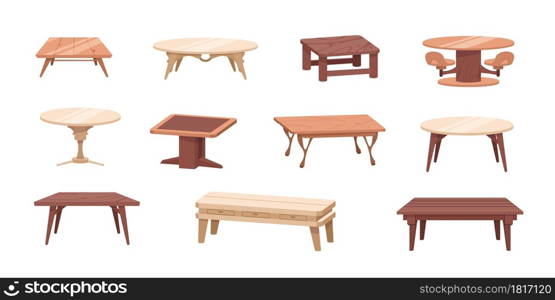 Wooden table. Cartoon interior and outdoor furniture. Antique and modern dinner desk templates on white. Isolated home woodwork set. Vector square or round empty kitchen tabletops from wood boards. Wooden table. Cartoon interior and outdoor furniture. Antique and modern dinner desk templates. Isolated home woodwork set. Vector square or round empty kitchen tabletops from wood