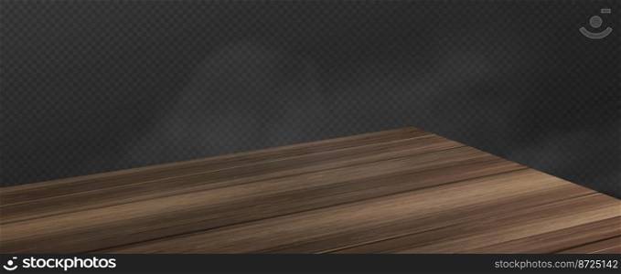 Wooden table corner with smoke perspective view isolated on transparent background. Wood desk surface, brown tabletop angle for products display and presentation, Realistic 3d vector illustration. Wooden table corner with smoke perspective view