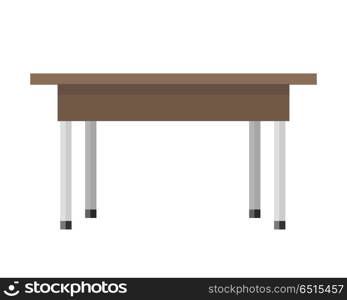 Wooden Table in Flat. Wooden table in flat. Illustration of a classical brown wooden table with steel legs. Empty wooden deck table. Table icon. Isolated vector illustration on white background.