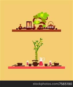 Wooden table serving with decorative green plant. Service for two, board with sushi, teapot and japanese dishes, chinese tableware and food vector. Wooden Table, Chinese Tableware and Food Vector