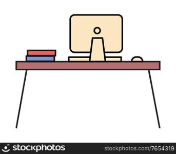 Wooden table with electronic device on it, furniture for home and office. Computer for work and study. Design of workspace with books on desk. Vector outline illustration of workplace in minimalism. Workplace with Laptop for Work at Home and Office