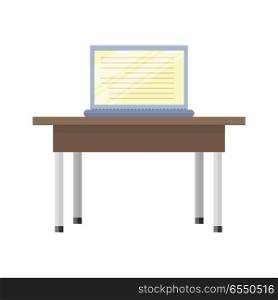 Wooden table with open laptop on him. Illustration of a classical brown wooden table with steel legs. Wooden deck table with open notebook. Isolated vector illustration on white background.. Wooden Table with Laptop