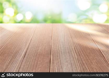 Wooden tabletop with bokeh glitter nature park background in 3d illustration. Wooden table with glitter backdrop