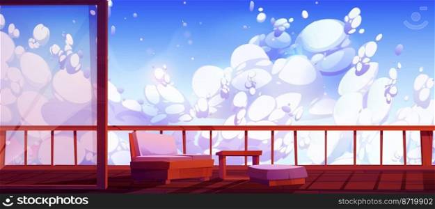 Wooden terrace view on fluffy clouds in blue sky. Outdoor home or hotel patio with sofa and table on wood floor at nature landscape with beautiful cloudscape, relax area, Cartoon vector illustration. Wooden terrace view on fluffy clouds in blue sky