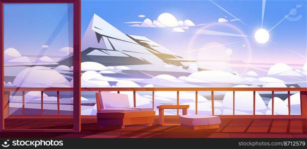 Wooden terrace view on mountain peaks above clouds in blue sky. Outdoor home or hotel patio with sofa and table on wood floor at nature landscape with rocks, area for relax Cartoon vector illustration. Wooden terrace view on mountain peaks above clouds