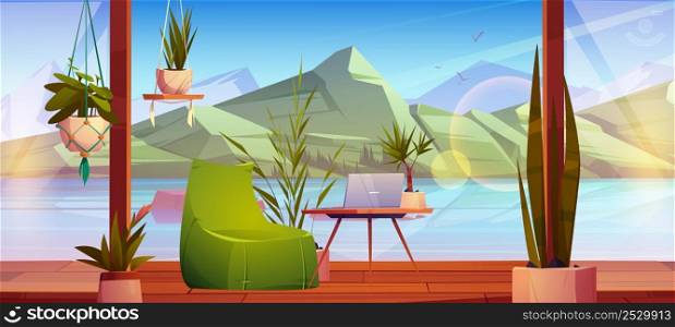 Wooden terrace with furniture and flowers on lake shore. Vector cartoon illustration of nordic landscape with river, mountains and cottage veranda with bean bag chair, table, laptop and houseplants. Wooden terrace with furniture on lake shore