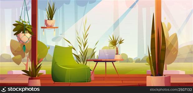 Wooden terrace with home plants, workplace with laptop and forest view. Cozy outdoor patio with scenery nature landscape background with trees. Villa or hotel relaxing area Cartoon vector illustration. Wooden terrace with home plants, workplace, laptop