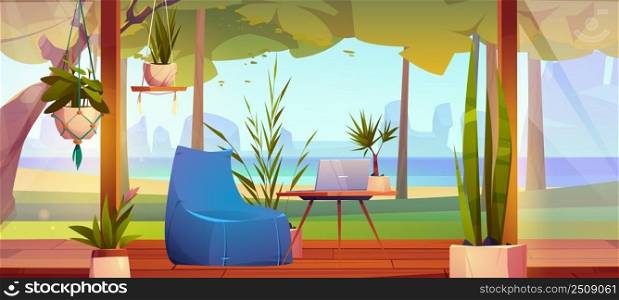 Wooden terrace with sea view. Home, villa or hotel area with laptop on table, armchair and potted plants on wood patio with scenery nature seascape, summer background, Cartoon vector illustration. Wooden terrace with sea view. Home, villa patio