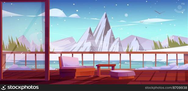 Wooden terrace with winter mountain and frozen lake view. Home, villa or hotel area with sofa and ottoman stand on patio with scenery rocky nature landscape background, Cartoon vector illustration. Wooden terrace winter mountain and frozen lake