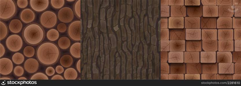Wooden textures of cut trunks, brown tree bark and boards. Vector cartoon set of seamless patterns with woodpile, stack of logs, timbers, lumber and rough tree cortex. Wooden textures of tree bark, woodpile and boards