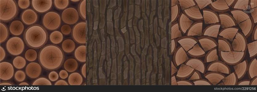Wooden textures seamless patterns for game, tree bark, woodpile with round and cut logs cross section. Cartoon tiles of natural materials, textured brown design ui elements, Vector illustration set. Wooden textures seamless patterns for game design