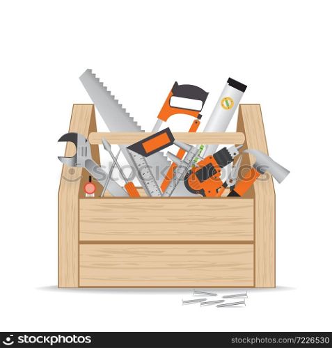 Wooden toolbox with repair and construction working tools on white background, equipment flat design vector illustration.