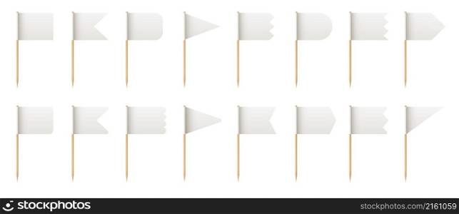 Wooden toothpick with white paper flag shapes for food. Realistic little tooth pick sticks for lunch decoration. 3d small flags vector set. Different forms of blank pennants isolated on white. Wooden toothpick with white paper flag shapes for food. Realistic little tooth pick sticks for lunch decoration. 3d small flags vector set