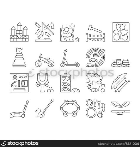 Wooden Toy For Children Play Time Icons Set Vector. Fishing Magnetic Game And Slingshot, Track For Playing With Car And Ring Stacker, Train And Puzzles Wooden Toy Black Contour Illustrations. Wooden Toy For Children Play Time Icons Set Vector