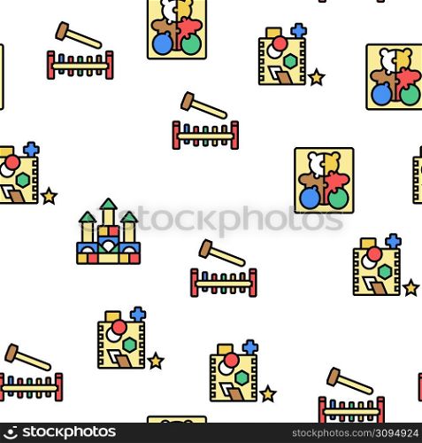 Wooden Toy For Children Play Time Vector Seamless Pattern Thin Line Illustration. Wooden Toy For Children Play Time Vector Seamless Pattern