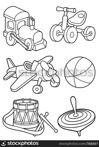 Wooden toys icon set in vintage color palette. Train, bicycle, spinning top, drum, airplain and beach ball. Line art for coloring book page.