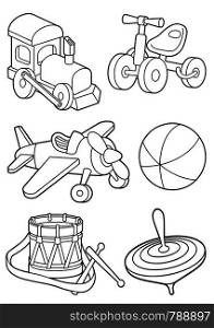 Wooden toys icon set in vintage color palette. Train, bicycle, spinning top, drum, airplain and beach ball. Line art for coloring book page.