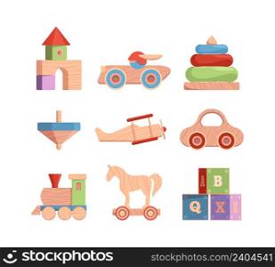 Wooden toys. Vintage funny items for kids cars blocks dolls for happy holidays garish vector flat old collection. Illustration wooden toy, pyramid and train, truck and horse. Wooden toys. Vintage funny items for kids cars blocks dolls for happy holidays garish vector flat old collection