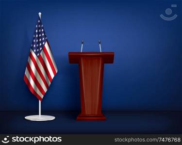 Wooden tribune rostrum with 2 microphones and american flag on stand realistic closeup composition isolated vector illustration