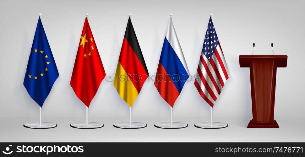 Wooden tribune rostrum with 5 national and eu flags on stands realistic set white background vector illustration