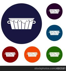 Wooden tub icons set in flat circle red, blue and green color for web. Wooden tub icons set