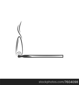 Wooden used burnt match isolated monochrome icon. Vector burning safety match-stick. Burnt match with smoke isolated monochrome icon