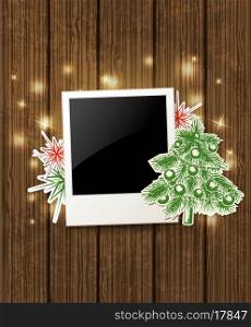 Wooden vector background with photo and Christmas tree