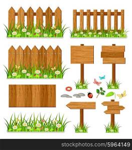 Wooden vector fence set with grass and flowers. White background. Isolated