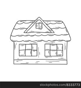 Wooden village house with an attic black sketch on white background. Simple home hand drawn engraving isolated vector illustration. Cottage coloring book