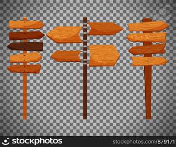 Wooden way direction signs isolated on transparent background. Vector illustration. Wooden way direction signs