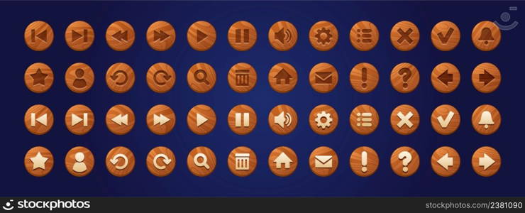 Wooden web buttons, round icons for game interface. Vector cartoon set of brown ui elements with wood texture. Circle buttons with signs isolated on background. Wooden web buttons, round icons for game interface
