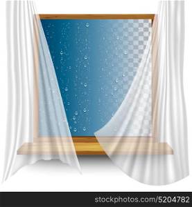 Wooden window frame with curtains and water droplets on the transparent background. Vector