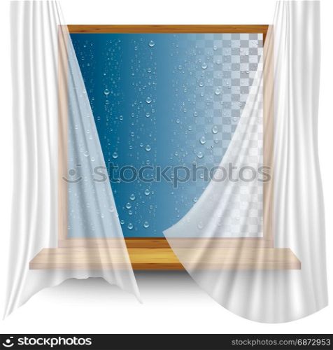 Wooden window frame with curtains and water droplets on the transparent background. Vector