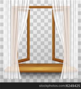 Wooden window frame with curtains on a transparent background. Vector.